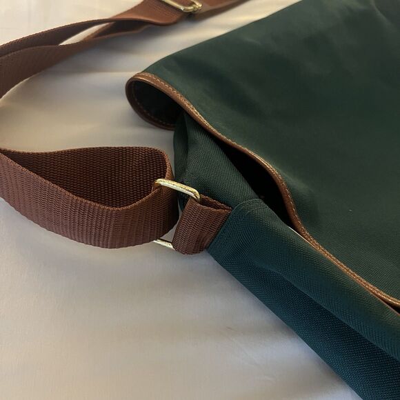 Polo Ralph Lauren Canvas Messenger Crossbody Bag Tote Green Brown Trim 15” Wide - Picture 12 of 14